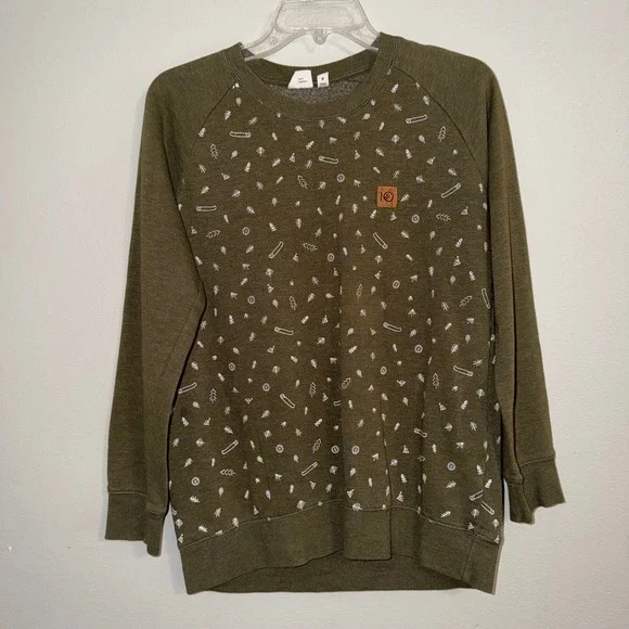 Tentree Womens Small Olive Green Nature Print Raglan Sweatshirt Organic Cotton - Picture 1 of 13